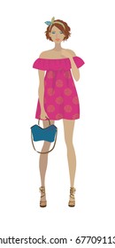 Fashion model in the summer pink printed fuchsia dress.Trendy outfit vector illustration isolated on white