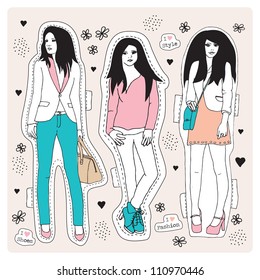 Fashion model teenage girls posing for clothes illustration in vector