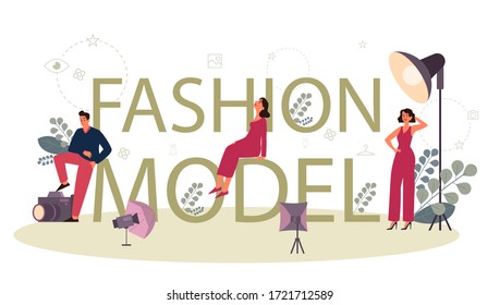 Fashion model typographic header concept. Man and woman represent new clothes at a fashion show and photoshoot. Fashion industry worker. Isolated vector illustration