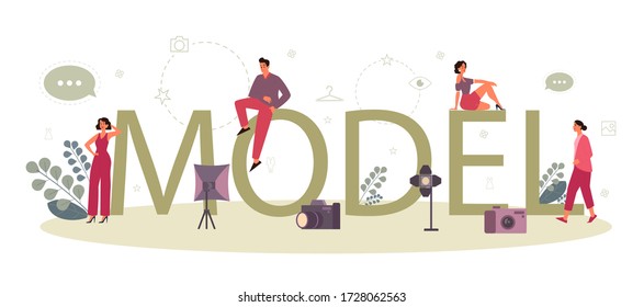 Fashion model typographic header concept. Man and woman represent new clothes at a fashion show and photoshoot. Fashion industry worker. Isolated vector illustration