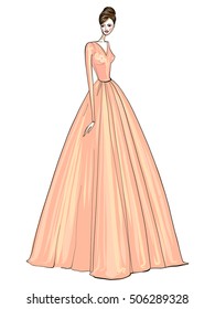 Fashion model vector illustration, posing, woman in pink dress