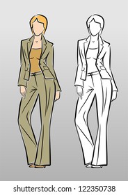 Fashion Model. Vector image of a fashion model in trouser suit. Hand-drawing/sketchy style.
