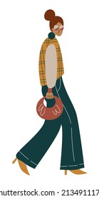 Fashion Model Walking In Modern Outfit. Stylish Clothes, Round Bag, Palazzo Pants, Checkered Sweater, Sunglasses. Retro Female Character Wears Trendy Clothes. Vector Illustration On White Background.