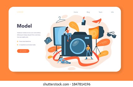 Fashion model web banner or landing page. Man and woman represent new clothes at fashion show and photoshoot. Fashion industry worker. Isolated vector illustration