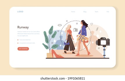 Fashion model web banner or landing page. Man and woman represent new clothes at a fashion show and photoshoot. Fashion industry worker on a runway. Isolated vector illustration