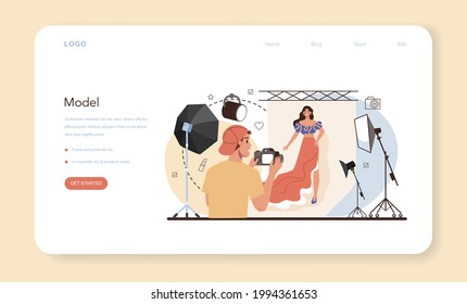 Fashion model web banner or landing page. Man and woman represent new clothes at a fashion show and photoshoot. Fashion industry worker on a runway. Isolated vector illustration