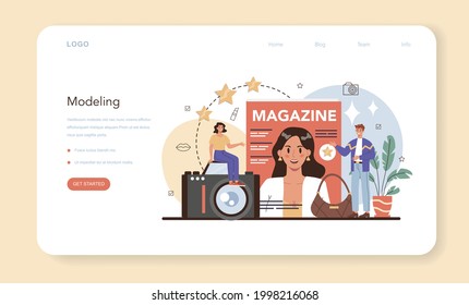 Fashion model web banner or landing page. Man and woman represent new clothes at a fashion show and photoshoot. Fashion industry worker on a runway. Isolated vector illustration