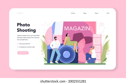 Fashion model web banner or landing page. Man and woman represent new clothes at a fashion show on a runway and photoshoot. Fashion industry worker. Isolated vector illustration