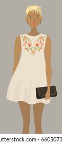 Fashion model in the white embroidered dress.Trendy outfit vector illustration 