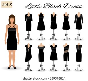 Fashion model woman in little black dress. Set of cocktail dresses on a mannequins. Flat vector illustration.