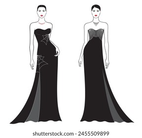 Fashion models in elegant evening attire, in black color, outline, isolated, vector illustration on white background.