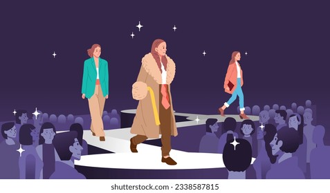 Fashion models girls showing represent new clothes outfit trendy modern stylish Posing walking on catwalk ramp stage runway. Audience crowd watching