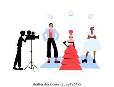 Fashion Models In High End Photoshoot With Photographer In Flat Vector Illustration Symbolizing Luxury Fashion, Style, And Professional Modeling, Isolated On White Background.