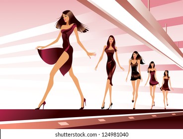 Fashion models on runway - vector illustration