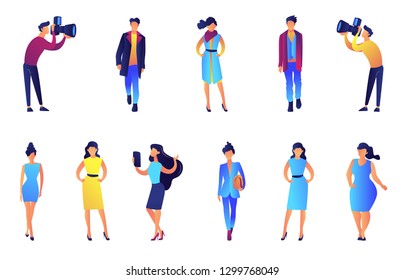 Modelos de moda y parazzi ilustraciones vectoriales conjunto. Modelos masculinas y femeninas con ropa de moda, ropa de moda y concepto de la semana de la moda. Ilustraciones vectoriales aisladas en fondo blanco.