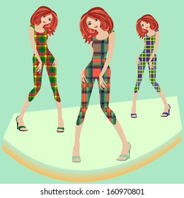 Fashion models posing on podium in various checkered dresses, hand drawing vector illustration