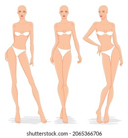  Fashion models posing, vector illustration. Women body templates. Nine head fashion female colored croquis, vector set.