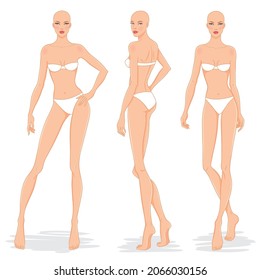 Fashion models posing, vector illustration. Woman body templates. Nine-head fashion female colored croquis, vector set.