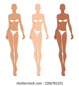 Modemodelle posieren, Vektorgrafik. Frauen-Körpervorlagen. Neun Kopf bekleidet weibliche verschiedene Hautfarben Croquis, Vektorset.