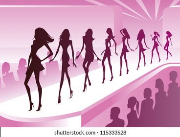 Fashion Models Show New Clothes At A Review - Vector Illustration