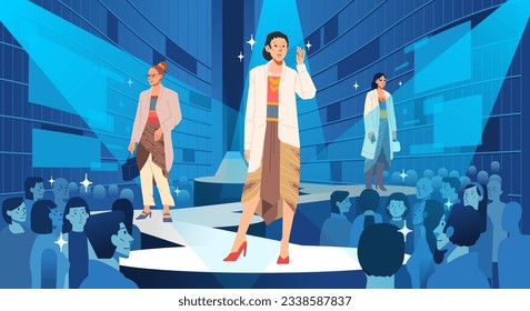 Fashion models showing represent java ethnic kebaya outfit trendy modern stylish Posing walking on catwalk ramp stage runway. Audience crowd watching 