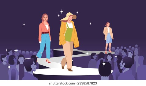 Fashion models showing represent new clothes outfit trendy modern stylish girls Posing walking on catwalk ramp stage runway. Audience crowd watching