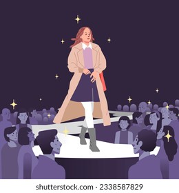 Fashion models showing represent new clothes outfit trendy modern stylish girl Posing walking on catwalk ramp stage runway. Audience crowd watching