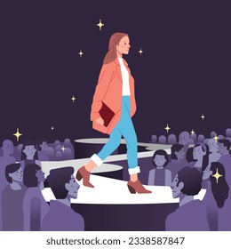 Fashion models showing represent new clothes outfit modern trendy stylish women Posing walking on catwalk ramp stage runway. Audience crowd watching