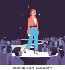 Fashion models showing represent new clothes outfit trendy modern stylish a girl Posing walking on catwalk ramp stage runway. Audience crowd watching