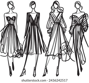 Modelos de moda siluetas boceto dibujado a mano, ilustración vectorial