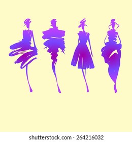 Fashion models silhouettes sketch hand drawn  , vector illustration