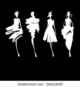 Fashion Models Silhouettes Sketch Hand Drawn  , Vector Illustration