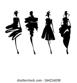 Fashion Models Silhouettes Sketch Hand Drawn  , Vector Illustration