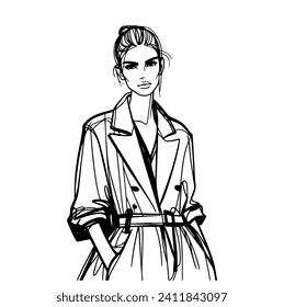 Fashion models. Sketch. Girl in trench, coat