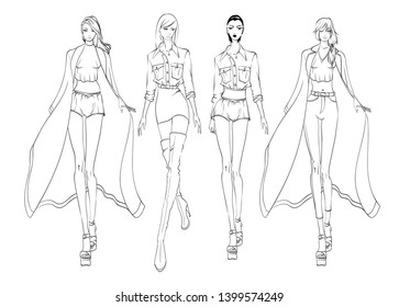 Fashion models sketch hand drawn , stylized silhouettes isolated.Vector fashion illustration set.