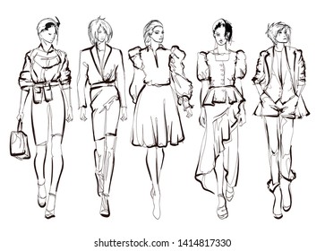 Fashion models sketch hand drawn , stylized silhouettes isolated.Vector fashion illustration set.