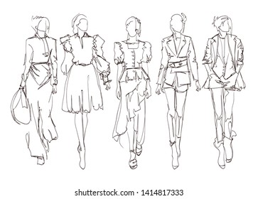 Fashion models sketch hand drawn , stylized silhouettes isolated.Vector fashion illustration set.