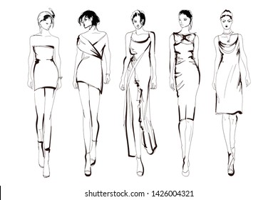 Fashion models sketch hand drawn , stylized silhouettes isolated.Vector fashion illustration set.