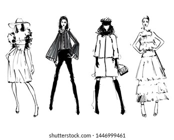 Fashion models sketch. Hand drawn illustrations