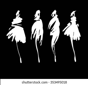 Fashion models sketch hand drawn , stylized silhouettes isolated . Vector black and white fashion illustration set.