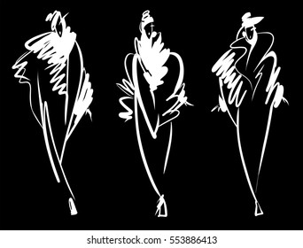 Fashion models sketch hand drawn , stylized silhouettes isolated. Vector fashionable illustration set.
