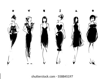 Fashion models in sketch style. Collection of evening dresses. Female body types. Hand drawn vector illustration EPS10