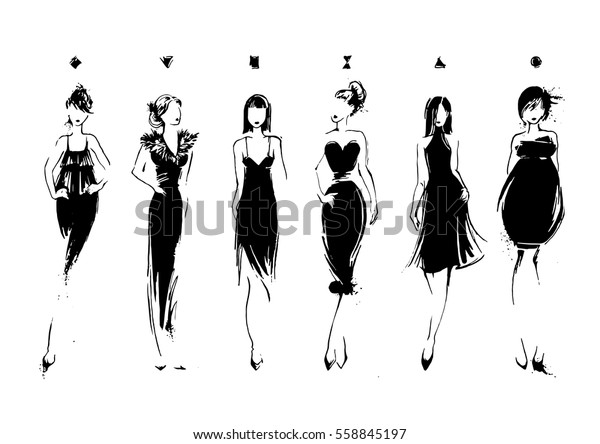 スケッチスタイルのファッションモデル イブニングドレスのコレクション メスボディタイプ 手描きのベクトルイラストeps10 のベクター画像素材 ロイヤリティフリー