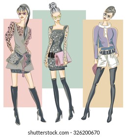 Fashion models in sketch style fall winter. Hand drawn vector illustration