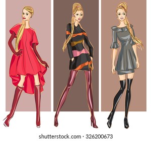 Fashion models in sketch style fall winter. Hand drawn vector illustration