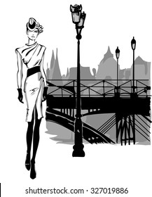 Fashion models in sketch style fall winter with Paris city background. Hand drawn vector illustration