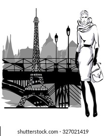 Fashion models in sketch style fall winter with Paris city near Eiffel tower background. Hand drawn vector illustration