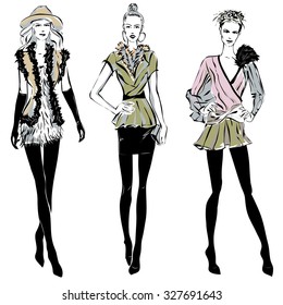 Fashion models in sketch style fall winter. Hand drawn vector illustration