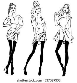 Fashion models in sketch style fall winter. Hand drawn vector illustration