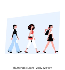 Fashion Models Walking The Runway In Stylish Outfits, Flat Vector Illustration Symbolizing Fashion Show, Designer Collections, And Trendsetting Style, Isolated On White Background.